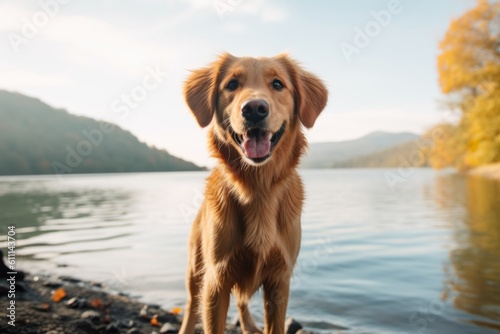 Close-up portrait photography of a smiling golden retriever standing on hind legs against lakes and rivers background. With generative AI technology © Markus Schröder