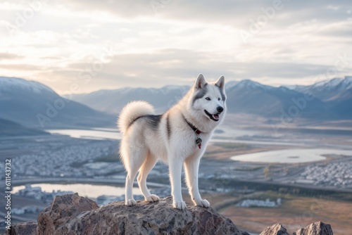 Full-length portrait photography of a curious siberian husky being on a mountain peak against lakes and rivers background. With generative AI technology