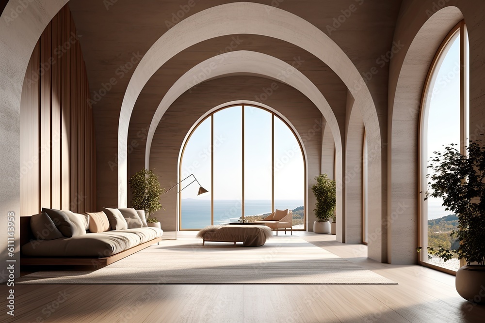 luxurious minimalist interior design in the living room area. a concrete tile floor, arched passageways, and wood material are used in a huge windowed flat. Generative AI