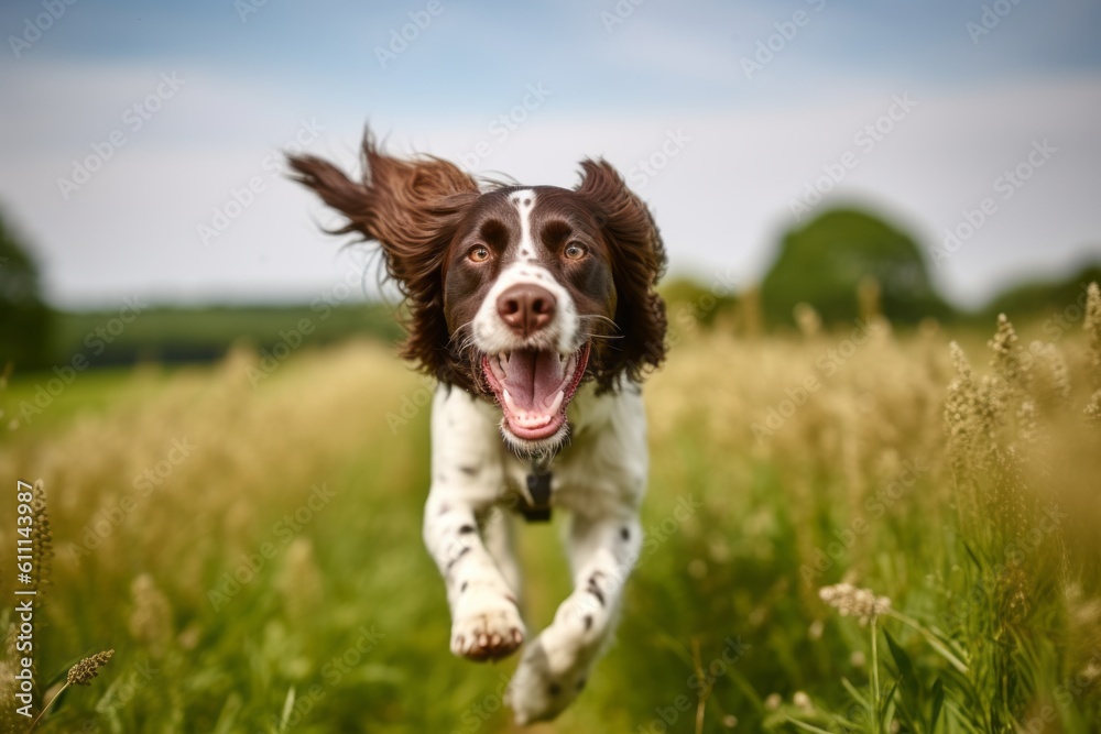 Medium shot portrait photography of a happy english springer spaniel playing fetch against open fields and meadows background. With generative AI technology Medium shot portrait photography of a happy english springer spaniel playing fetch against open fields and meadows background. With generative AI technology