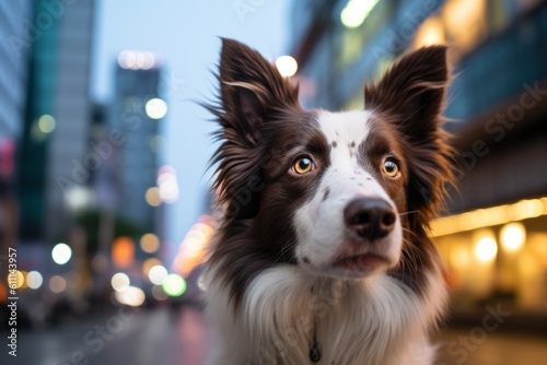 Medium shot portrait photography of a curious border collie being with a pet bird against urban streets and alleys background. With generative AI technology © Markus Schröder