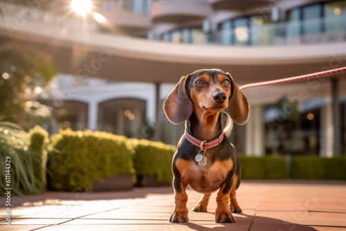 Medium shot portrait photography of a happy dachshund walking on a leash against pet-friendly hotels and resorts background. With generative AI technology