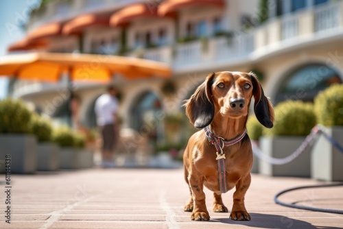 Fototapeta Medium shot portrait photography of a happy dachshund walking on a leash against pet-friendly hotels and resorts background