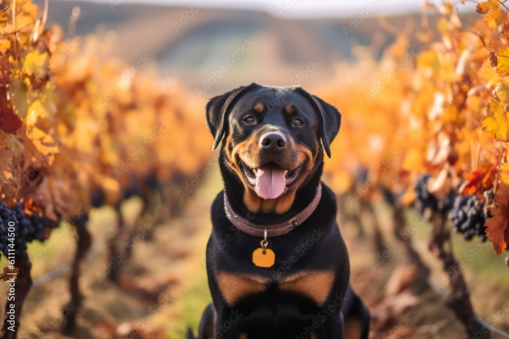 Environmental portrait photography of a happy rottweiler wearing a