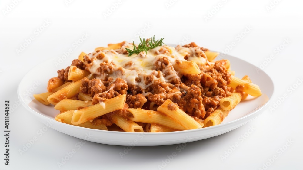 A plate of baked ziti with meat sauce and ricotta cheese on White Background with copy space for your text created with generative AI technology