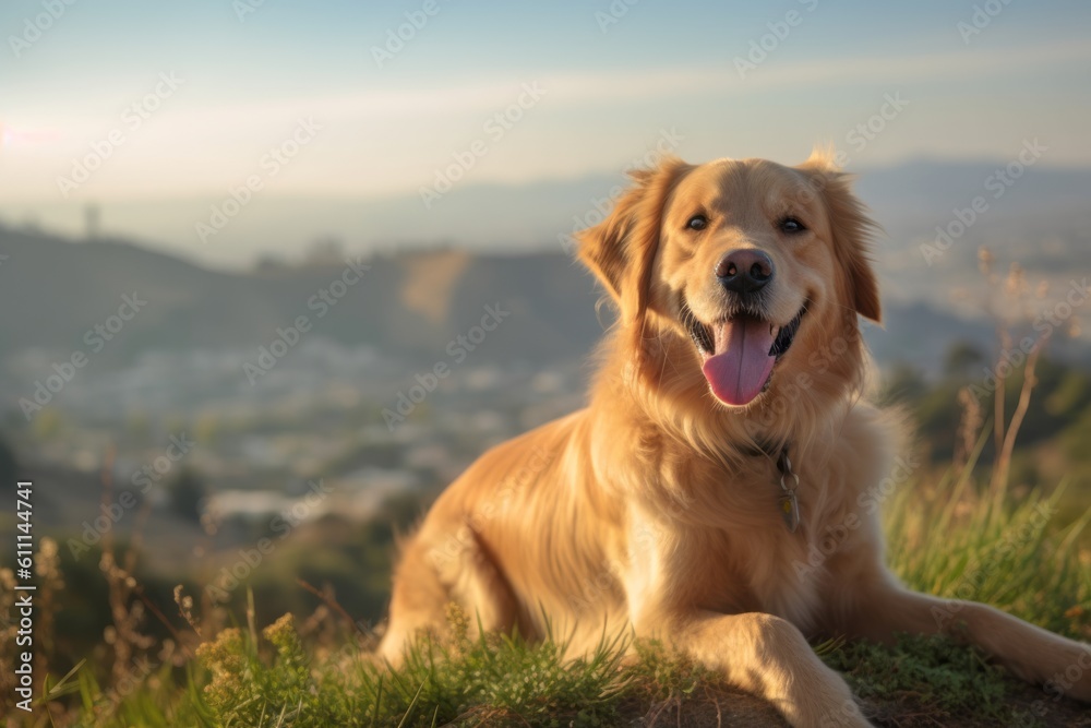 Medium shot portrait photography of a happy golden retriever rolling against scenic viewpoints and overlooks background. With generative AI technology Medium shot portrait photography of a happy golden retriever rolling against scenic viewpoints and overlooks background. With generative AI technology