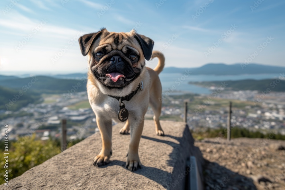 Full-length portrait photography of a curious pug giving the paw against scenic viewpoints and overlooks background. With generative AI technology