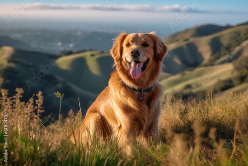 Medium shot portrait photography of a happy golden retriever rolling against scenic viewpoints and overlooks background. With generative AI technology