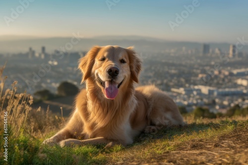 Medium shot portrait photography of a happy golden retriever rolling against scenic viewpoints and overlooks background. With generative AI technology