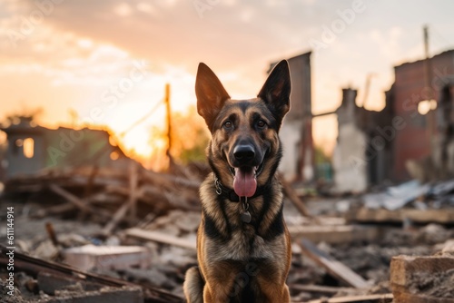 Medium shot portrait photography of a funny german shepherd licking himself against abandoned buildings and ruins background. With generative AI technology