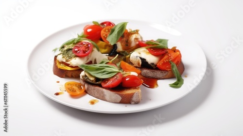 A plate of grilled vegetable bruschetta with tomatoes and mozzarella cheese on White Background with copy space for your text created with generative AI technology