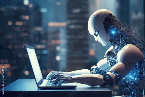 Robot working on computer in office overlooking the modern evening city. Modern humanoid typing on laptop. Artificial intelligence concept. Generative Ai.