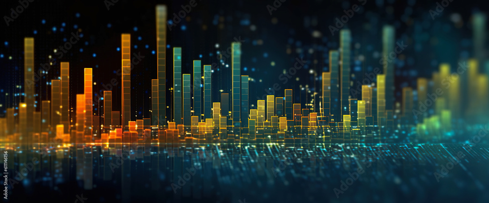 Abstract diagram of city with bright bars, in the style of cryptidcore and data visualization or social network analysis. Data science and analytics banner in dark gold and dark cyan. Generative Ai.