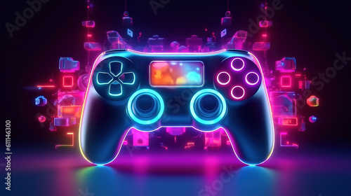 Video gamepad controller with neon LED lights. Leisure and Digital Entertainment. Game joystick abstract background with bright illuminated neon lights games and gameplay elements. Generative Ai.