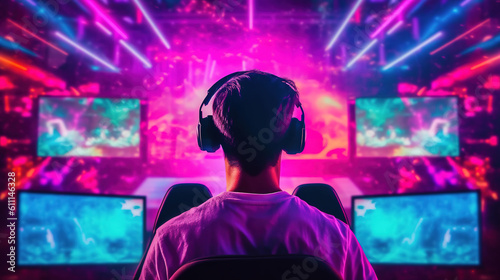Gamer in front of gaming monitors in neon light. A young man with headphones from behind. Generative Ai.