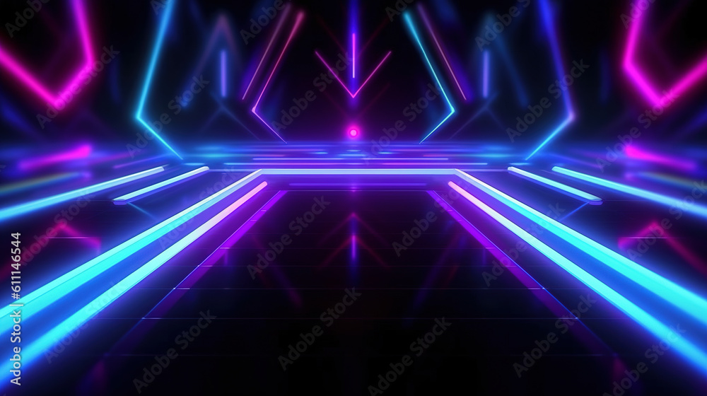 Hypnotic electric cyber geometry. Abstract futuristic background with glowing neon lines elements. Fantastic cyber games abstract wallpaper. Neon bright technology colorful backgrounds. Generative Ai.