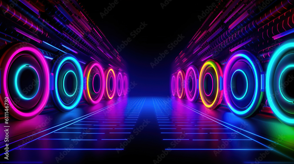 Hypnotic electric cyber rings. Abstract futuristic background with glowing neon lines and lights. Fantastic musical wallpaper. Neon rings background. Generative Ai.