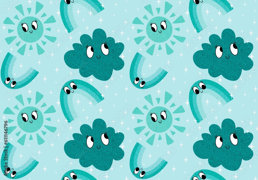 Retro summer cartoon seamless sun and rainbow and clouds pattern for wrapping paper and kids clothes print