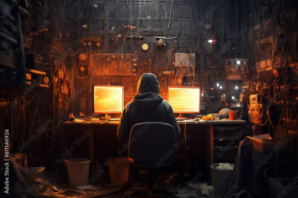 A hoodie-wearing computer hacker sits in front of computer monitors in a post-apocalyptic lab. Cyber security and systems hacking concept. Generative Ai.
