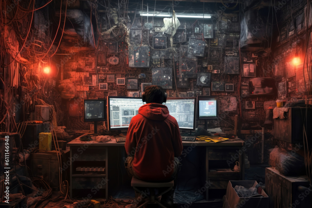 Fototapeta premium A hoodie-wearing computer hacker sits in front of computer monitors in a post-apocalyptic lab. Cyber security and systems hacking concept. Generative Ai.