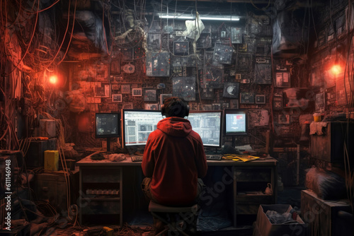 A hoodie-wearing computer hacker sits in front of computer monitors in a post-apocalyptic lab. Cyber security and systems hacking concept. Generative Ai. © Asmodar
