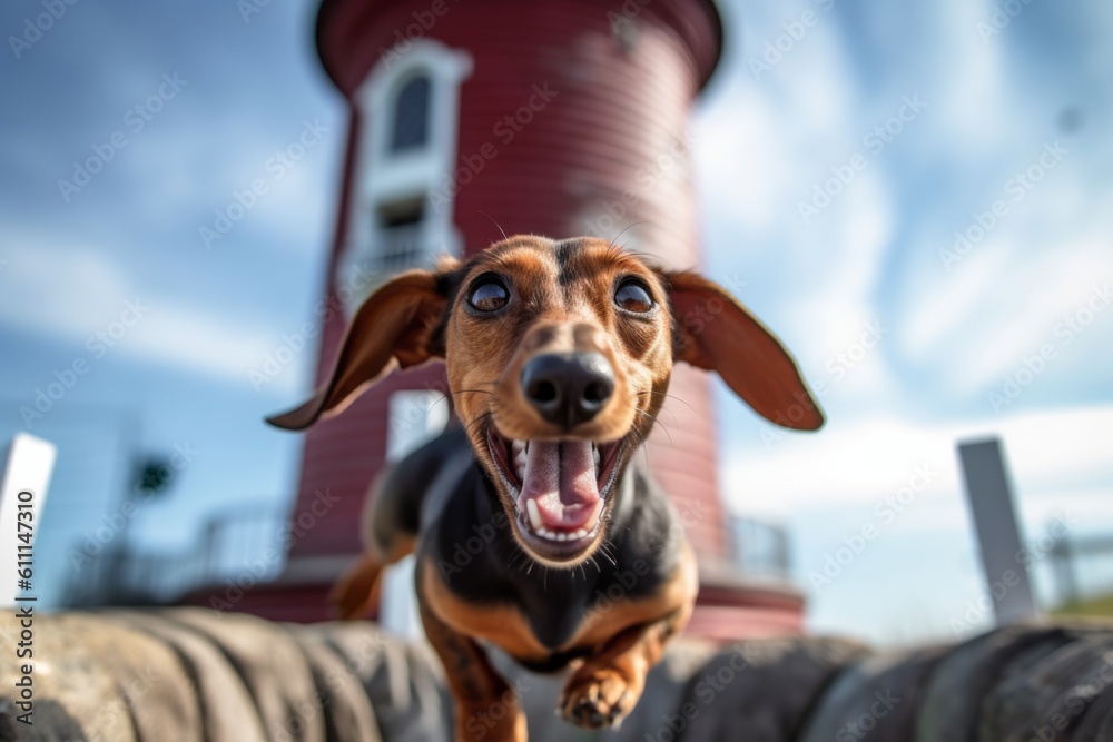 Close-up portrait photography of a smiling dachshund jumping on a trampoline against lighthouses background. With generative AI technology