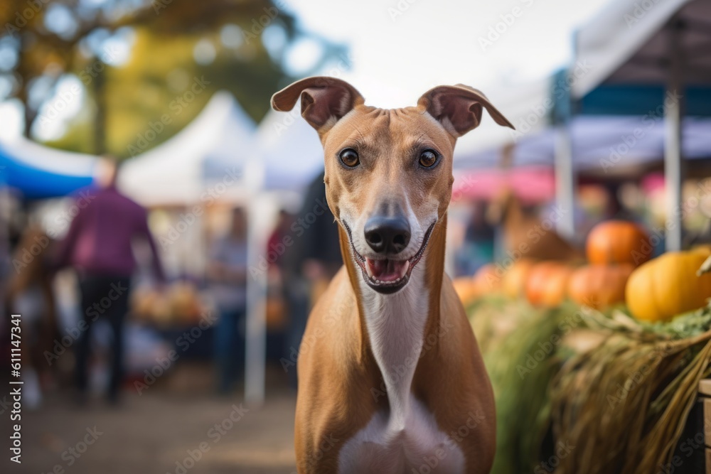Environmental portrait photography of a smiling greyhound being at a farmer's market against amusement parks background. With generative AI technology