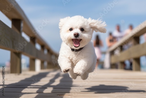 Valokuva Medium shot portrait photography of a cute bichon frise jumping against beach boardwalks background