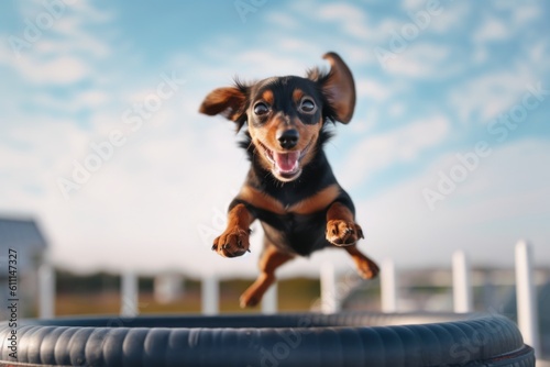 Close-up portrait photography of a smiling dachshund jumping on a trampoline against lighthouses background. With generative AI technology photo
