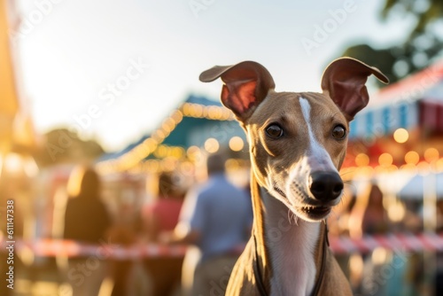 Environmental portrait photography of a smiling greyhound being at a farmer's market against amusement parks background. With generative AI technology