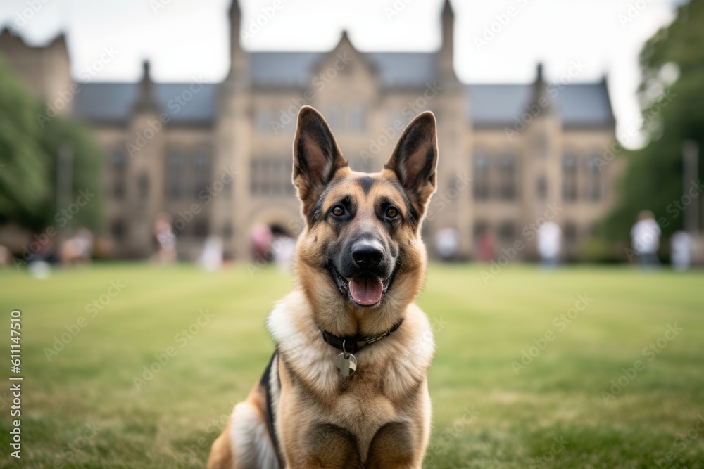 Medium shot portrait photography of a bored german shepherd scratching the body against college and university campuses background. With generative AI technology