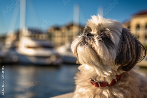 Lifestyle portrait photography of a bored shih tzu scratching nose against marinas and harbors background. With generative AI technology © Markus Schröder