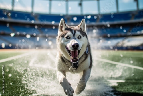 Medium shot portrait photography of a happy siberian husky running through a sprinkler against sports stadiums background. With generative AI technology photo