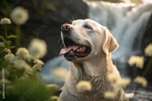Medium shot portrait photography of a smiling labrador retriever smelling flowers against waterfalls background. With generative AI technology