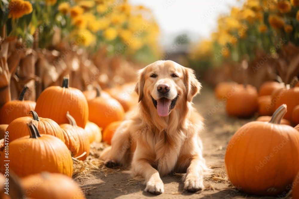 Medium shot portrait photography of a smiling golden retriever rolling against pumpkin patches background. With generative AI technology Medium shot portrait photography of a smiling golden retriever rolling against pumpkin patches background. With generative AI technology
