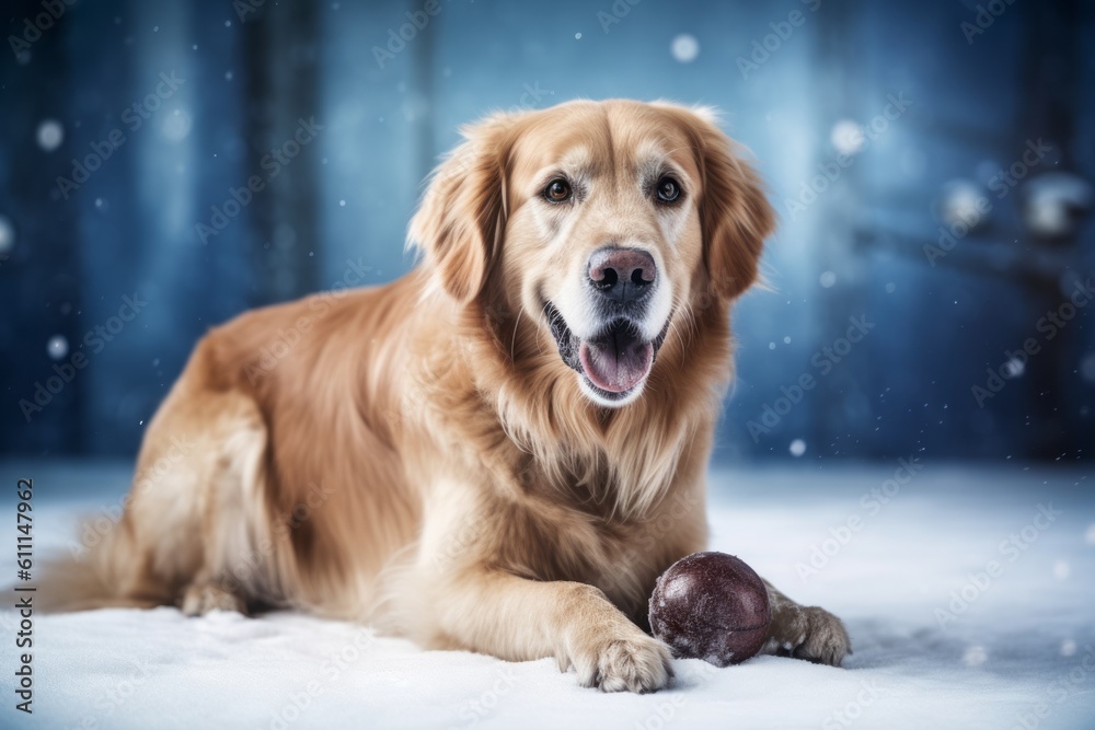 Studio portrait photography of a cute golden retriever playing with a ball against ice skating rinks background. With generative AI technology
