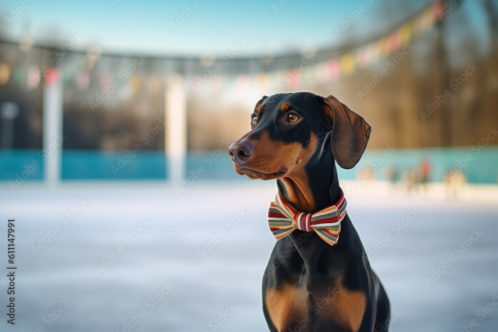 Full-length portrait photography of a tired doberman pinscher wearing a bow tie against ice skating rinks background. With generative AI technology
