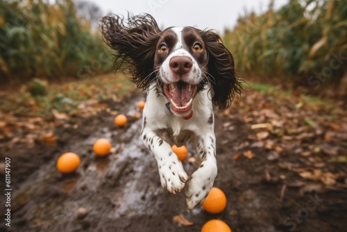 Fototapeta Full-length portrait photography of a funny english springer spaniel playing in the rain against pumpkin patches background