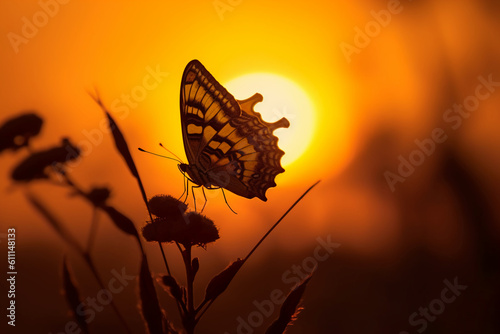 One butterfly stands silhouetted against a yellow sunset. AI generative