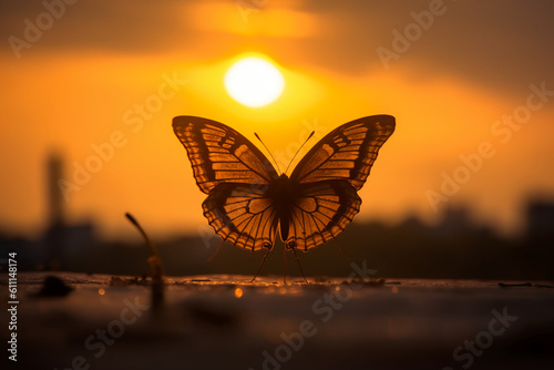 One butterfly stands silhouetted against a yellow sunset. AI generative