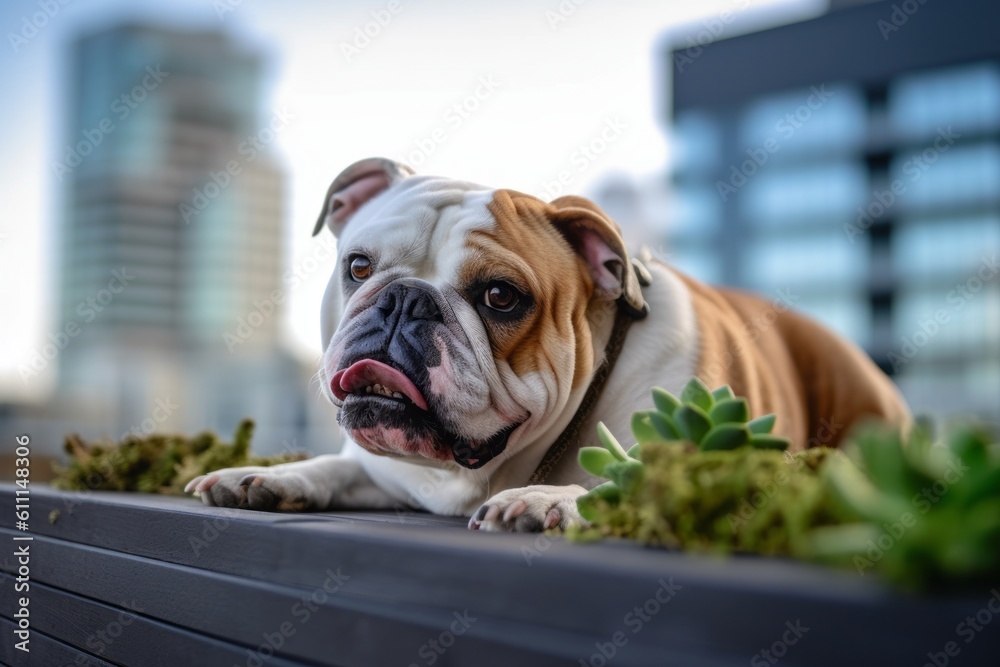 Medium shot portrait photography of a cute bulldog holding a bone in its mouth against urban rooftop gardens background. With generative AI technology