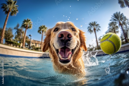 Lifestyle portrait photography of a smiling golden retriever playing with a tennis ball against fountains and water features background. With generative AI technology