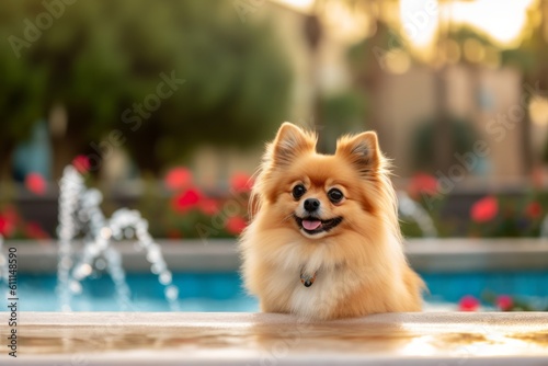 Medium shot portrait photography of a curious pomeranian having a butterfly on its nose against fountains and water features background. With generative AI technology