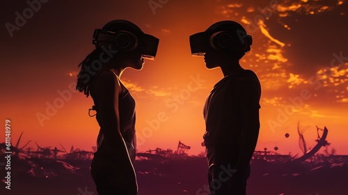 Silhouette, gender conflict, digital world, online, man, woman, tension, disparity, gender issues, conflict, power, struggle, virtual reality, VR,  generative ai