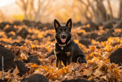 Full-length portrait photography of a funny german shepherd playing in a pile of leaves against volcanoes and lava fields background. With generative AI technology
