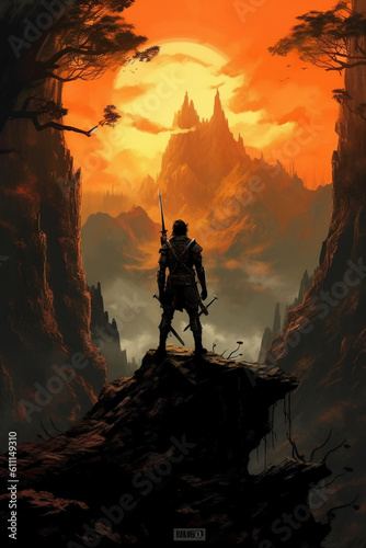 Silhouette of a warrior in front of a mountain. AI generative © SANGHYUN