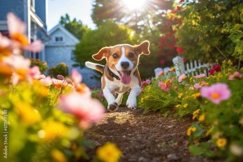 Environmental portrait photography of a funny beagle chasing a squirrel against colorful flower gardens background. With generative AI technology