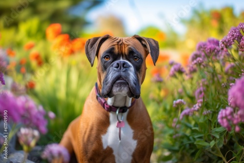 Lifestyle portrait photography of a curious boxer dog being at a spa against colorful flower gardens background. With generative AI technology