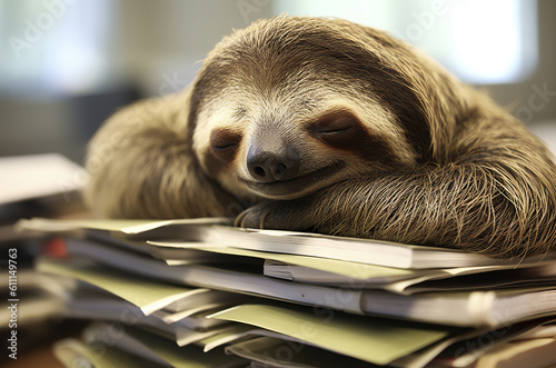 Tired sloth sleeps on lots of files in the office. Generative AI. photo