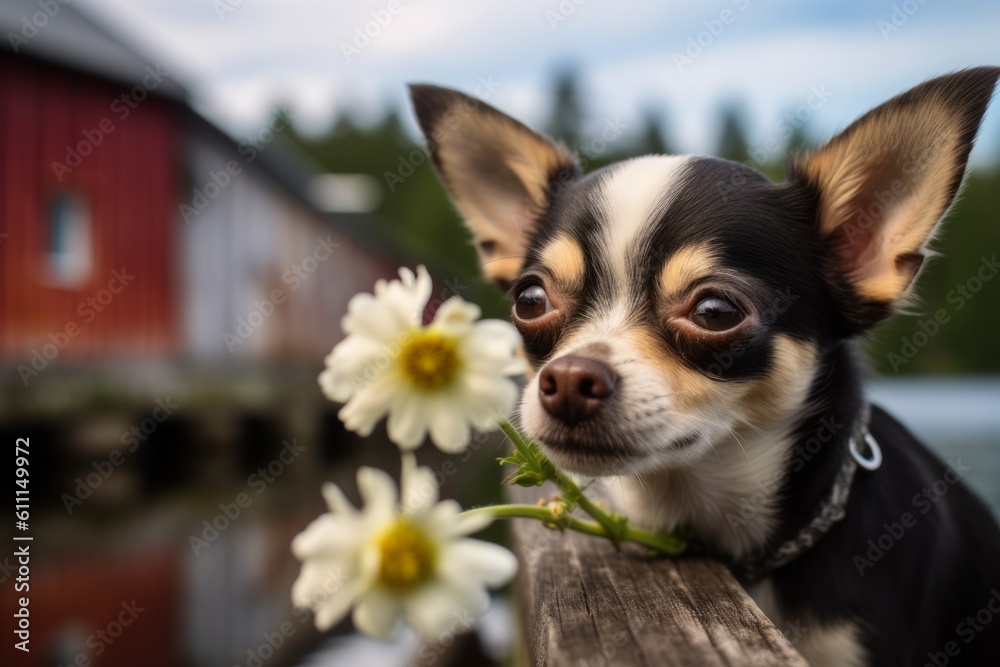 Close-up portrait photography of a tired chihuahua smelling flowers against covered bridges background. With generative AI technology
